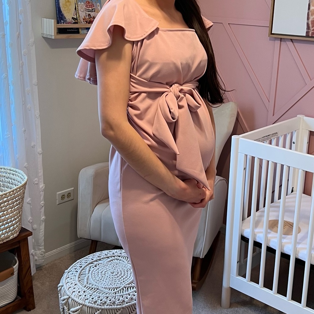 Maternity Blush Pink Ruffle Sleeve MIDI Dress